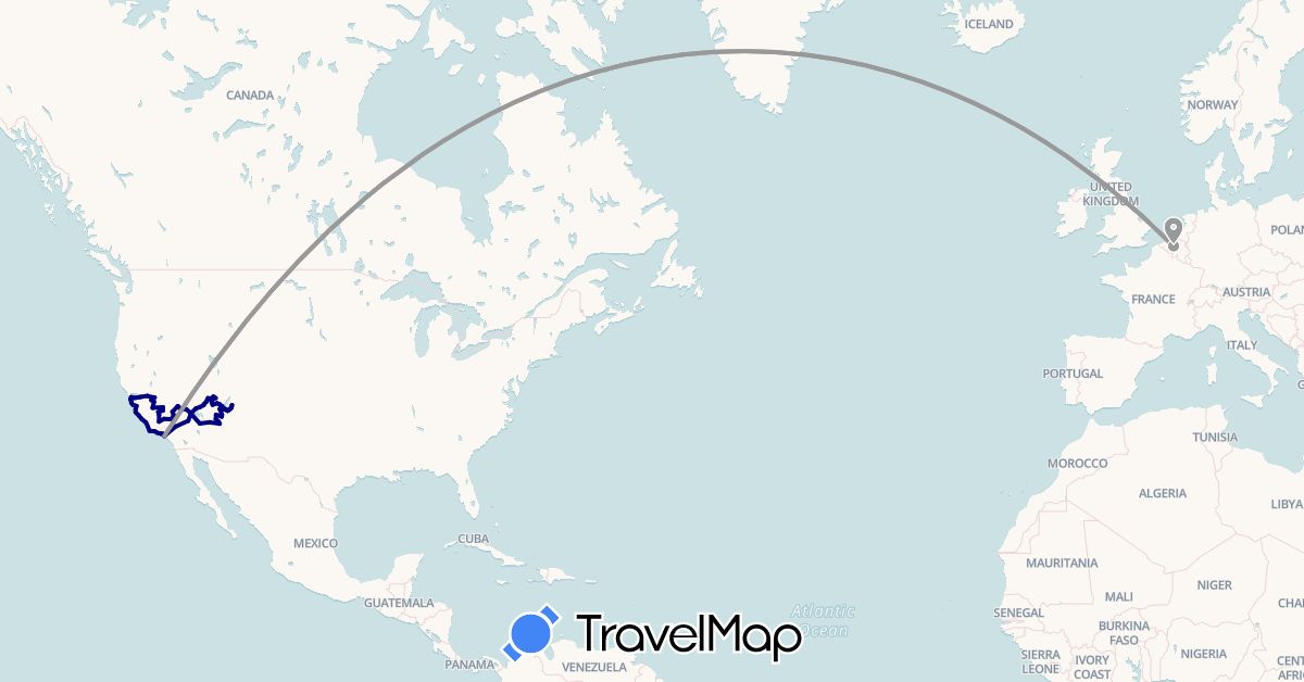 TravelMap itinerary: driving, plane, hiking in Belgium, United States (Europe, North America)